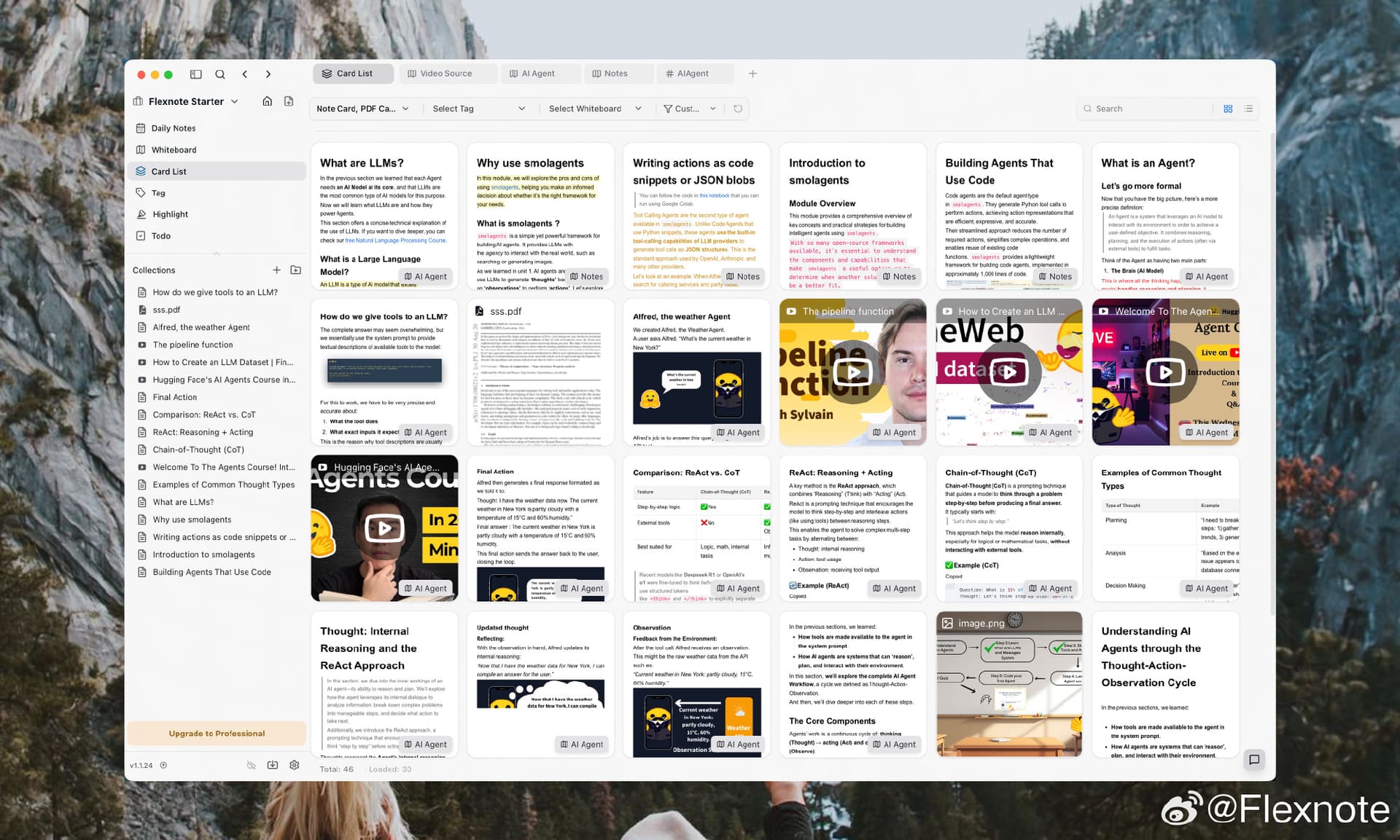 Flexnote 卡片库：按标签与白板筛选，集中管理笔记、PDF 与视频