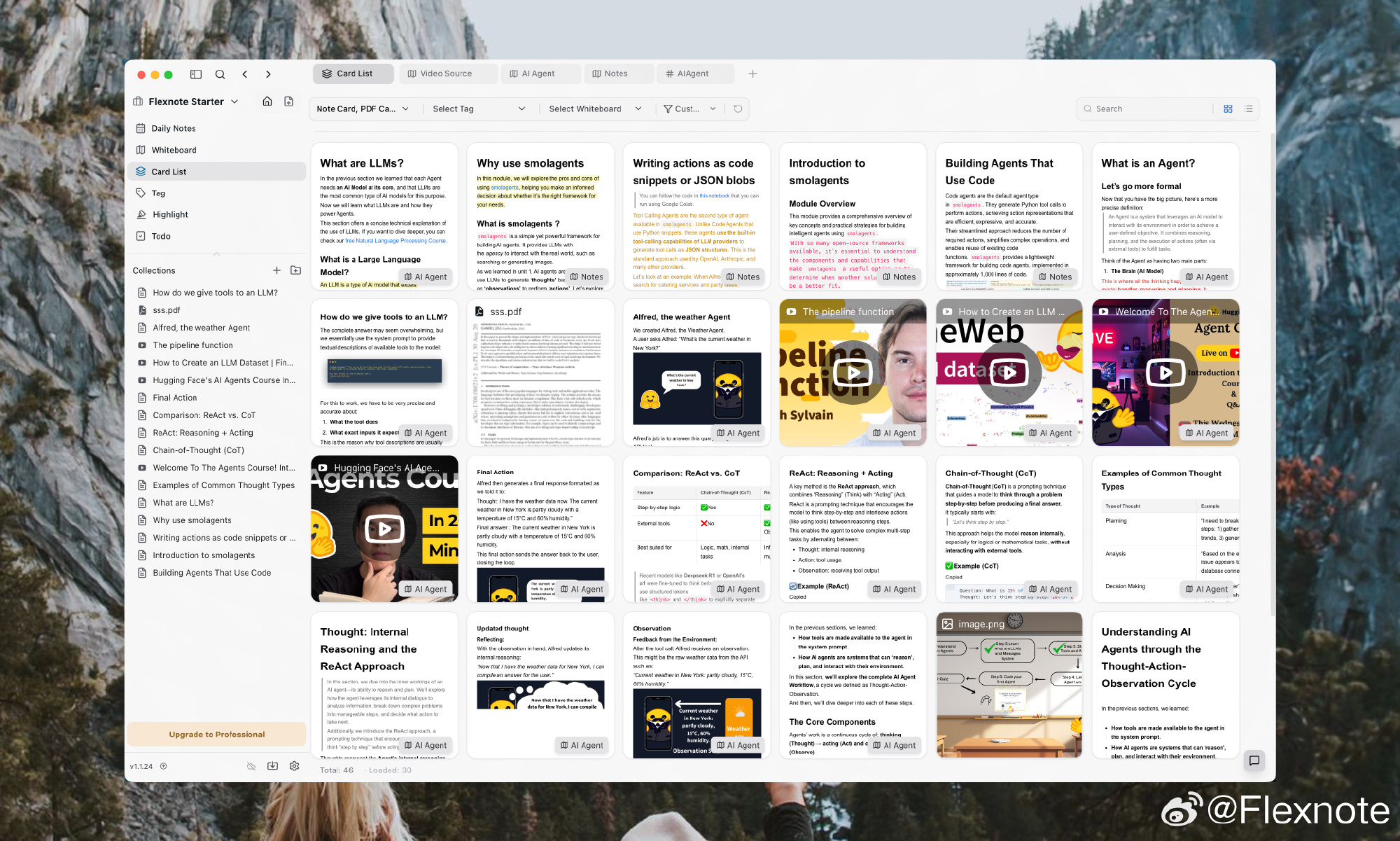 Flexnote 卡片库：按标签与白板筛选，集中管理笔记、PDF 与视频
