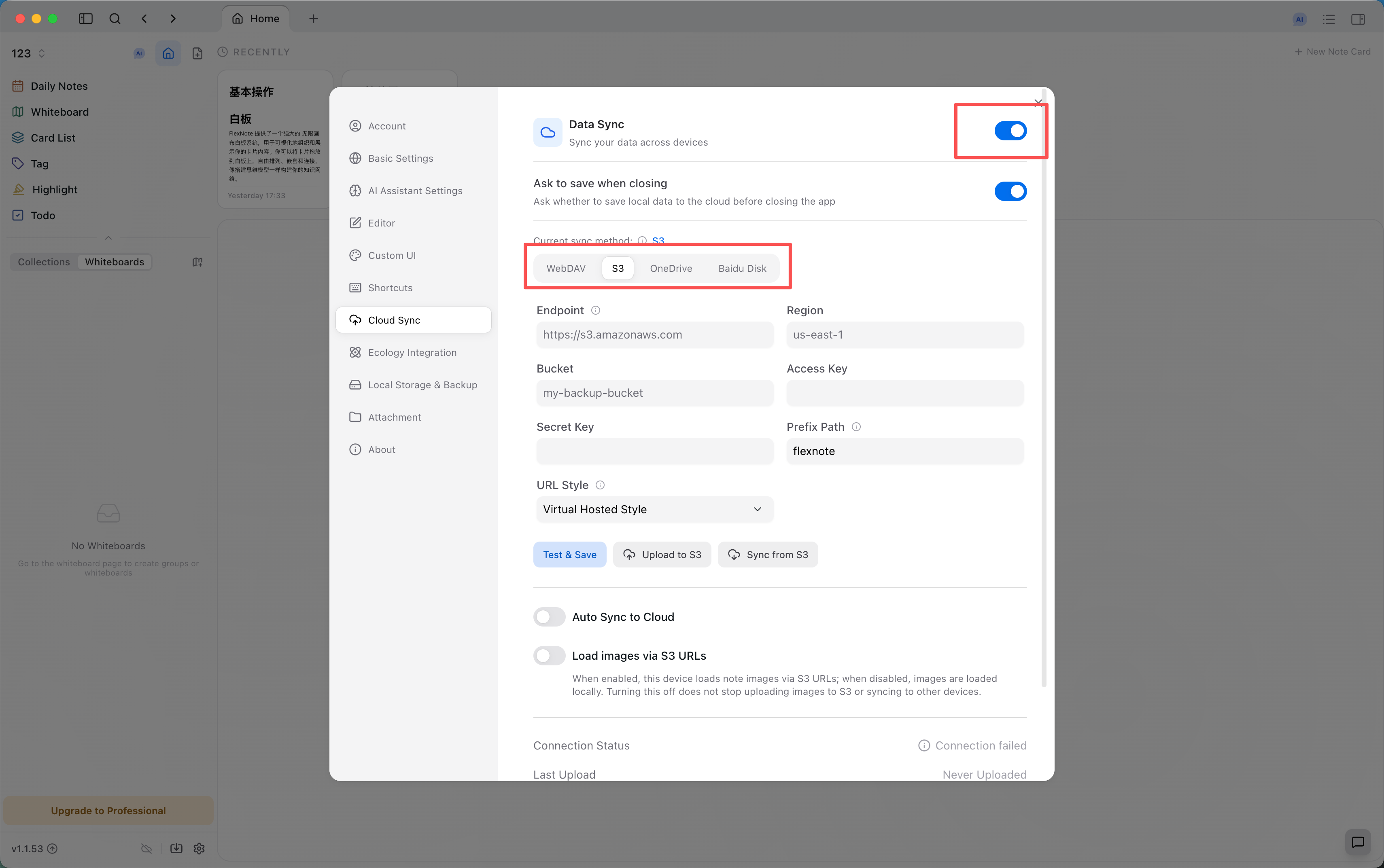Settings → Cloud Sync. Enable Data Sync, then select a service.