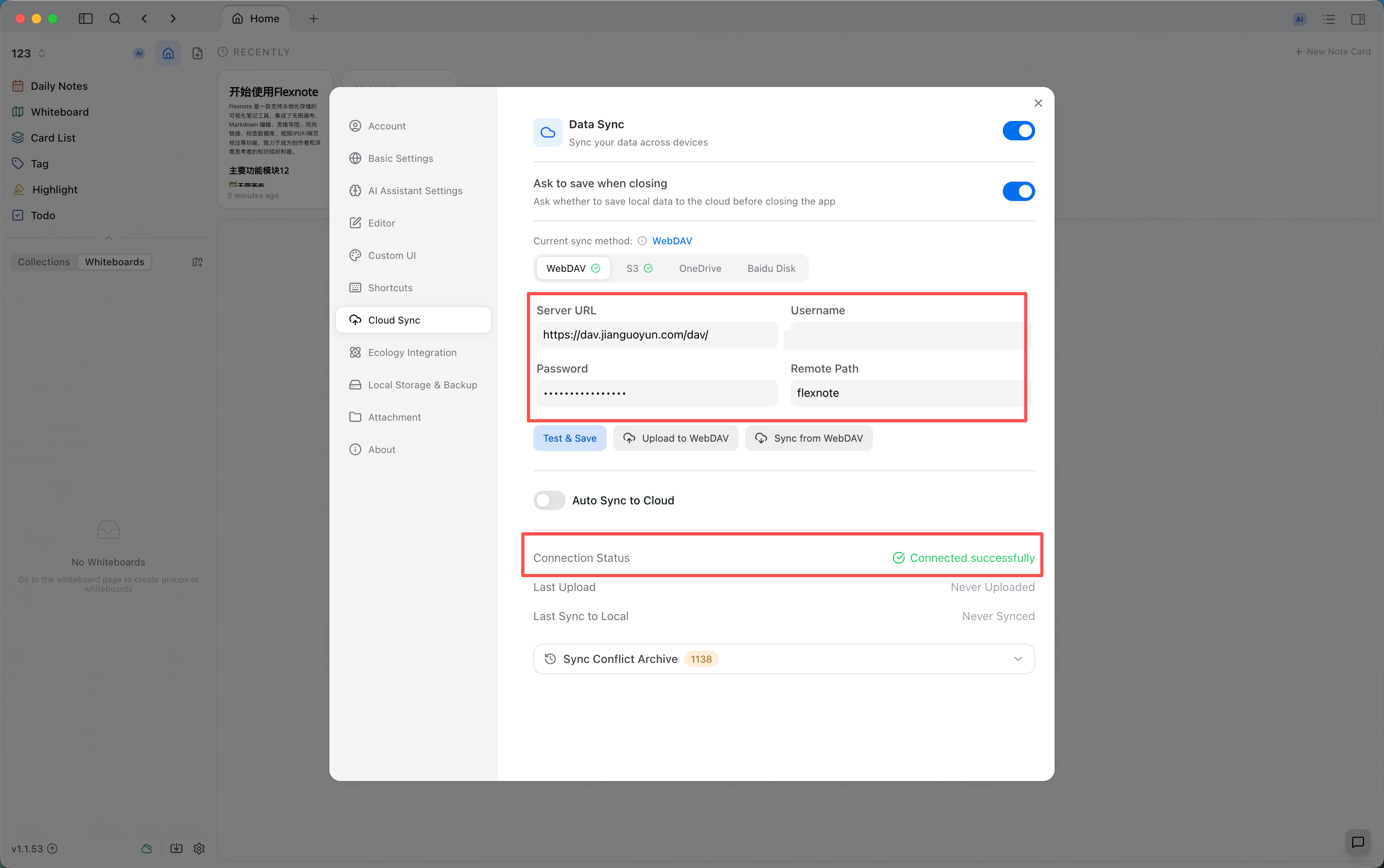WebDAV needs a server URL, credentials, and a folder that already exists